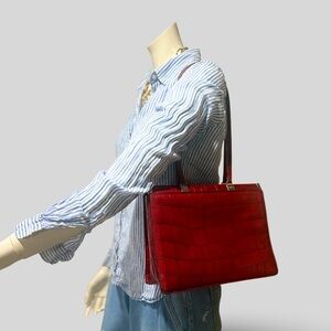Vintage Cole Haan Leather Croc Print Red Tote Handbag Shoulder Bag